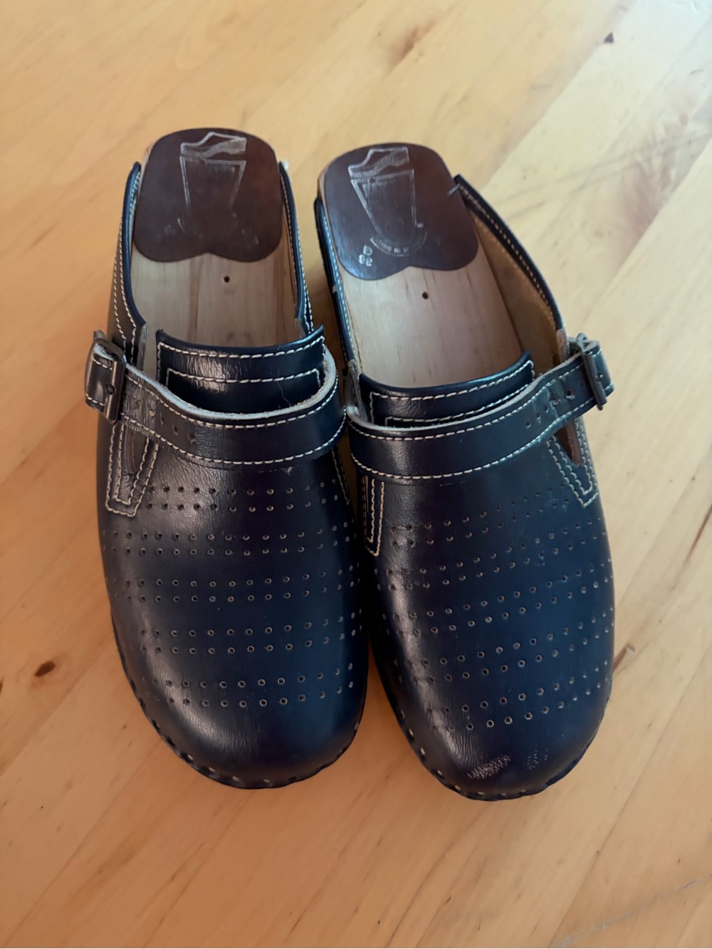 Bastad Navy Perforated Leather Clog Mule with Adjustable Strap